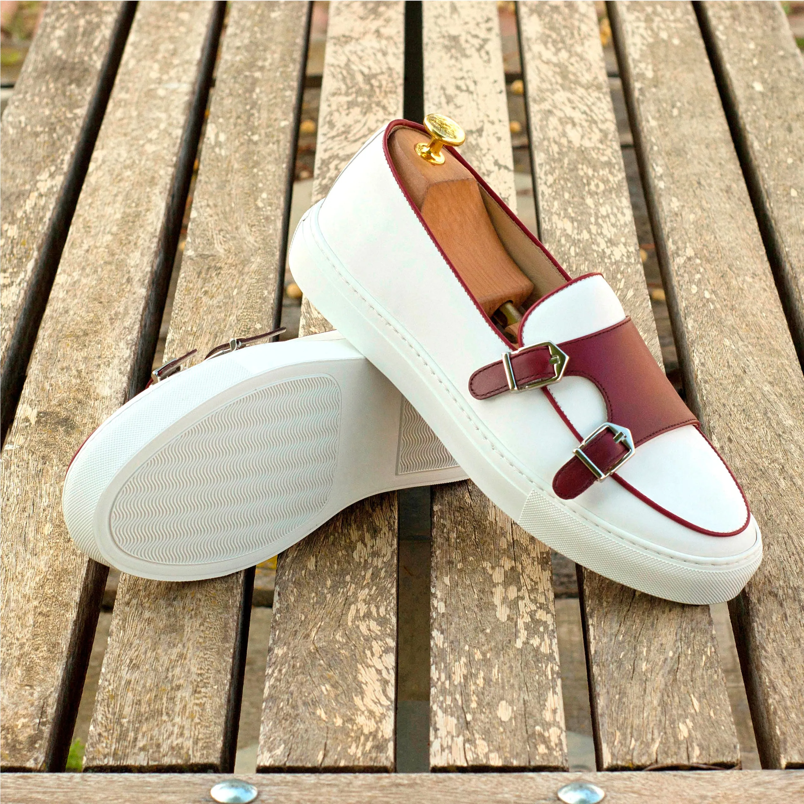 White & Burgundy Nappa Double-Monk Sneakers