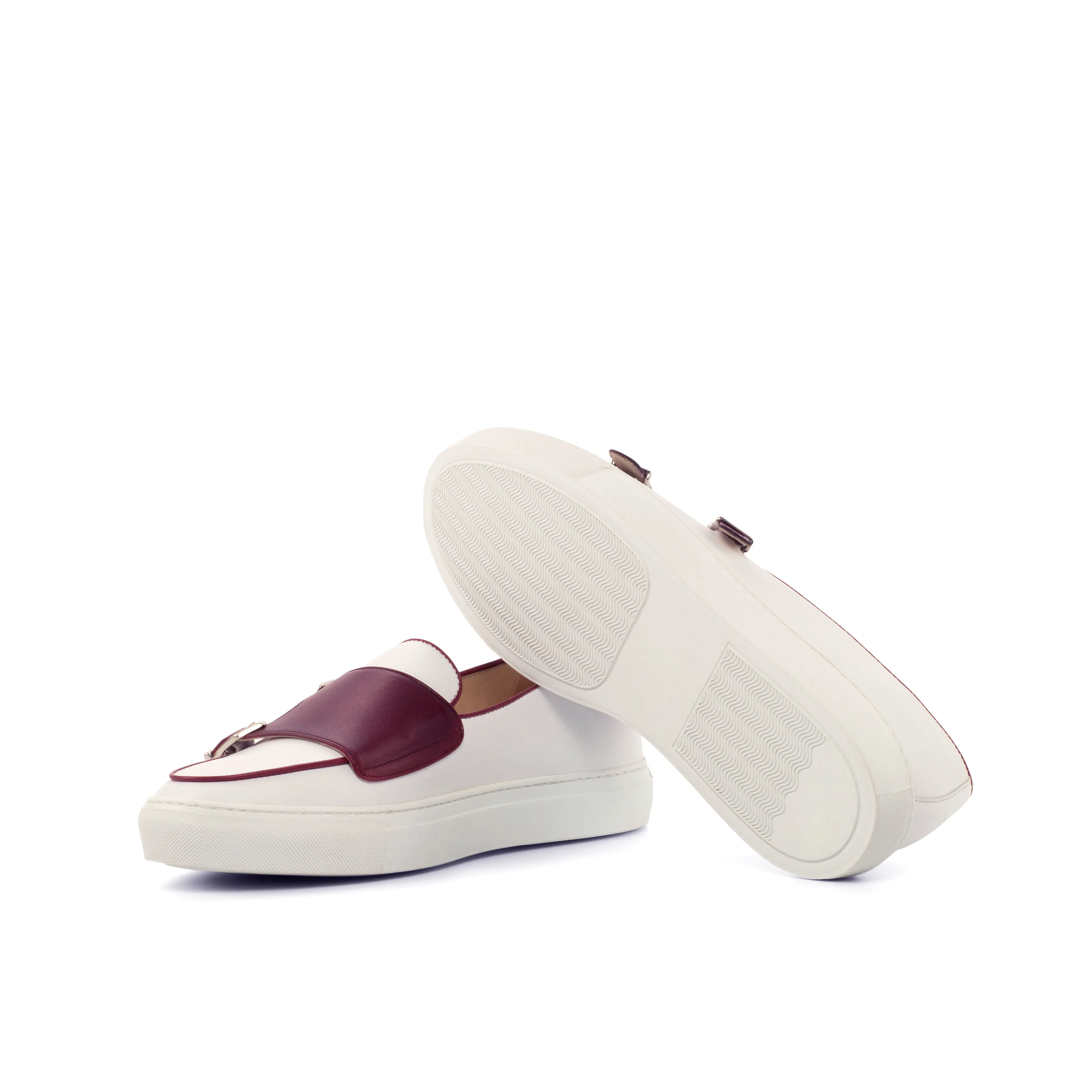 White & Burgundy Nappa Double-Monk Sneakers