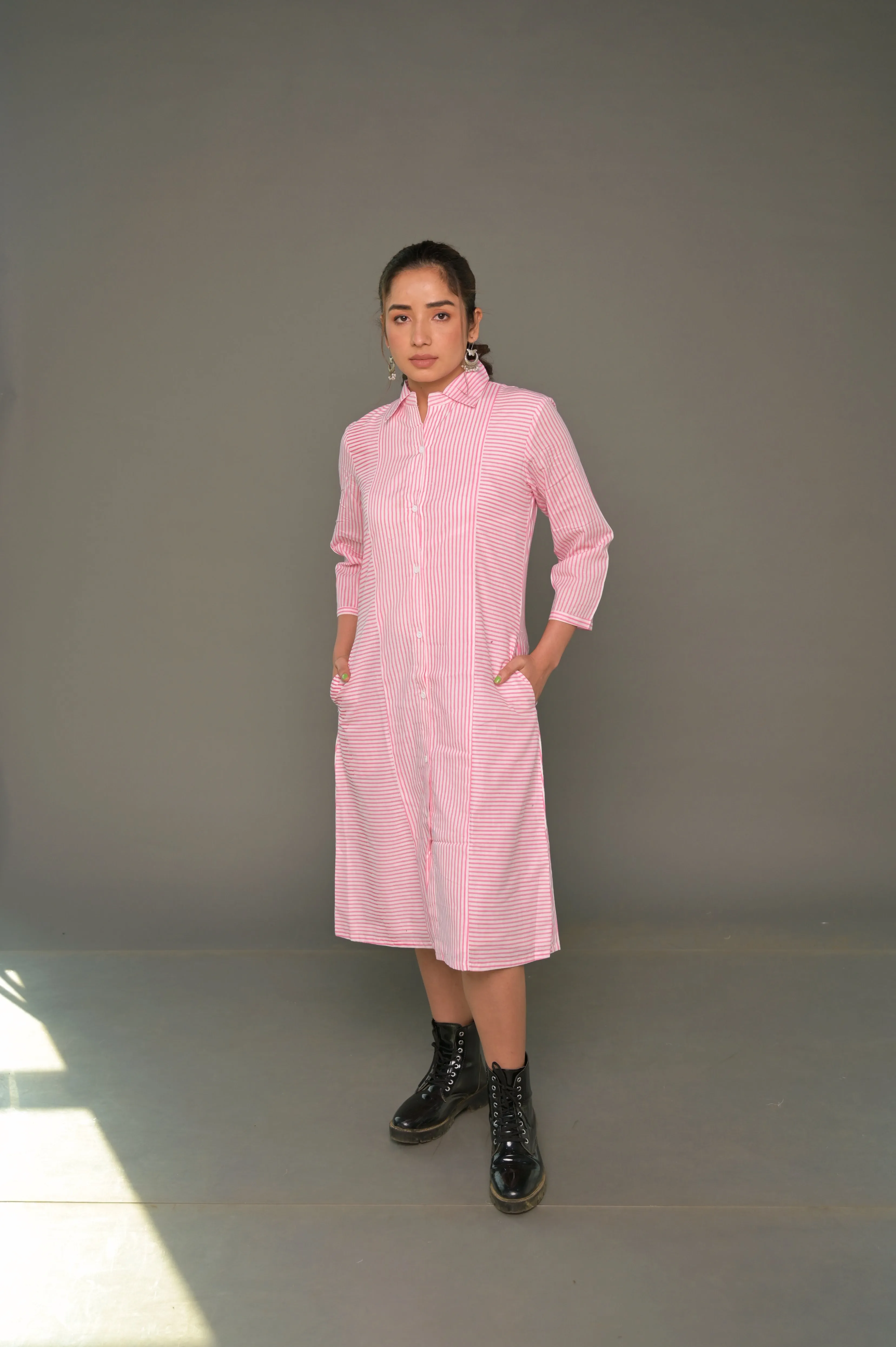 White & Pink 'Sassy' Cotton Shirt Dress