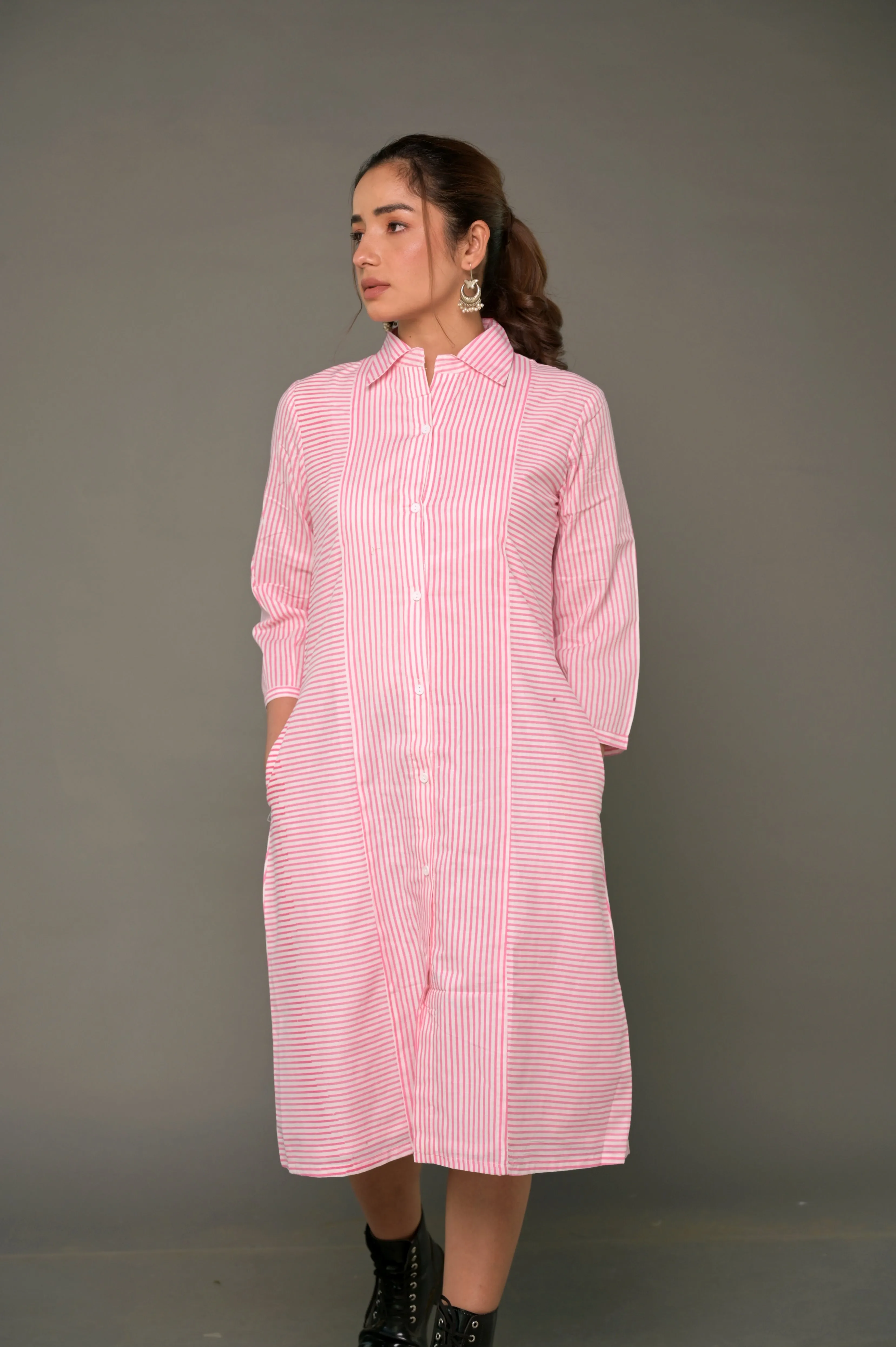 White & Pink 'Sassy' Cotton Shirt Dress