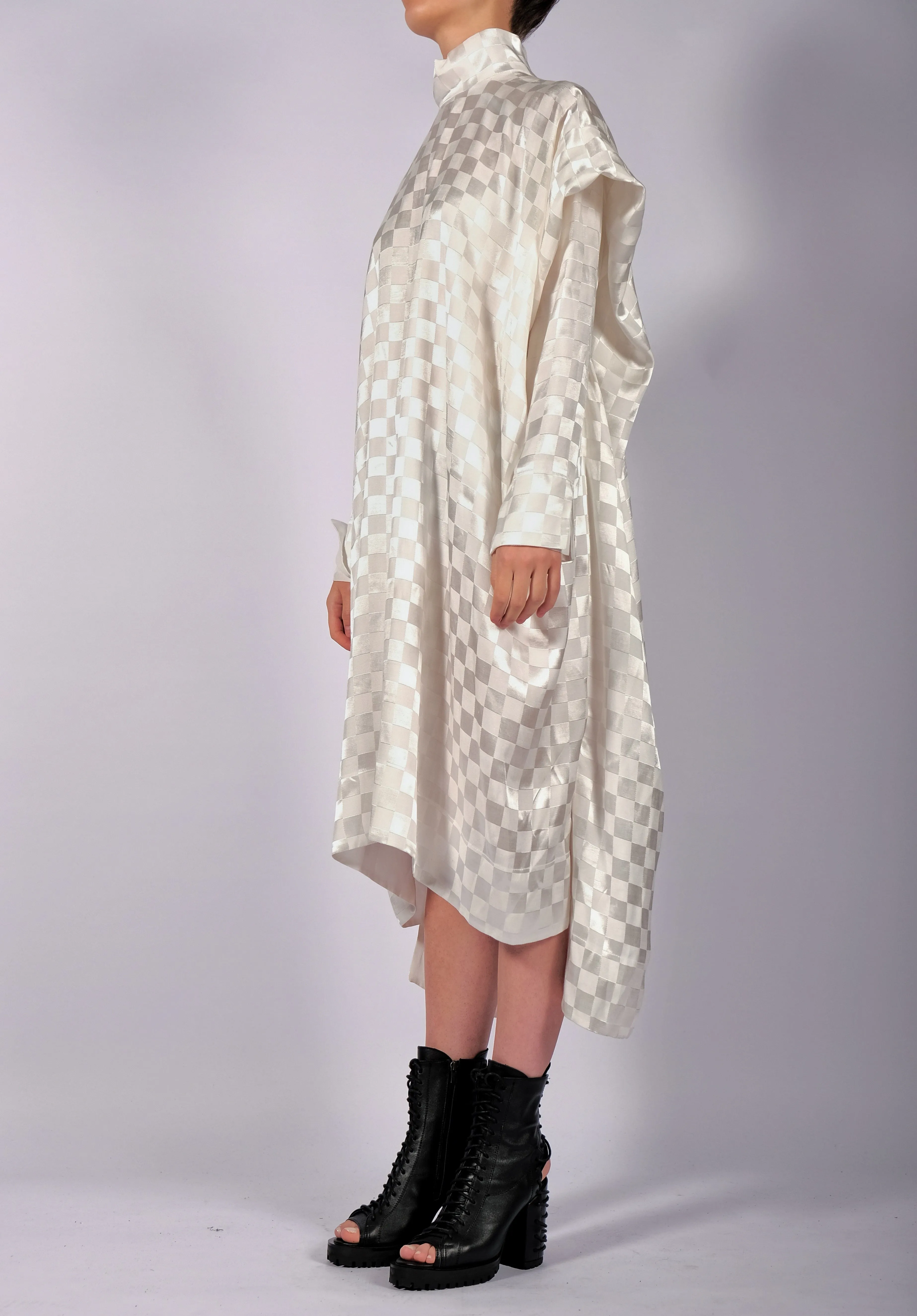 White Checkered Dress with Sleeves