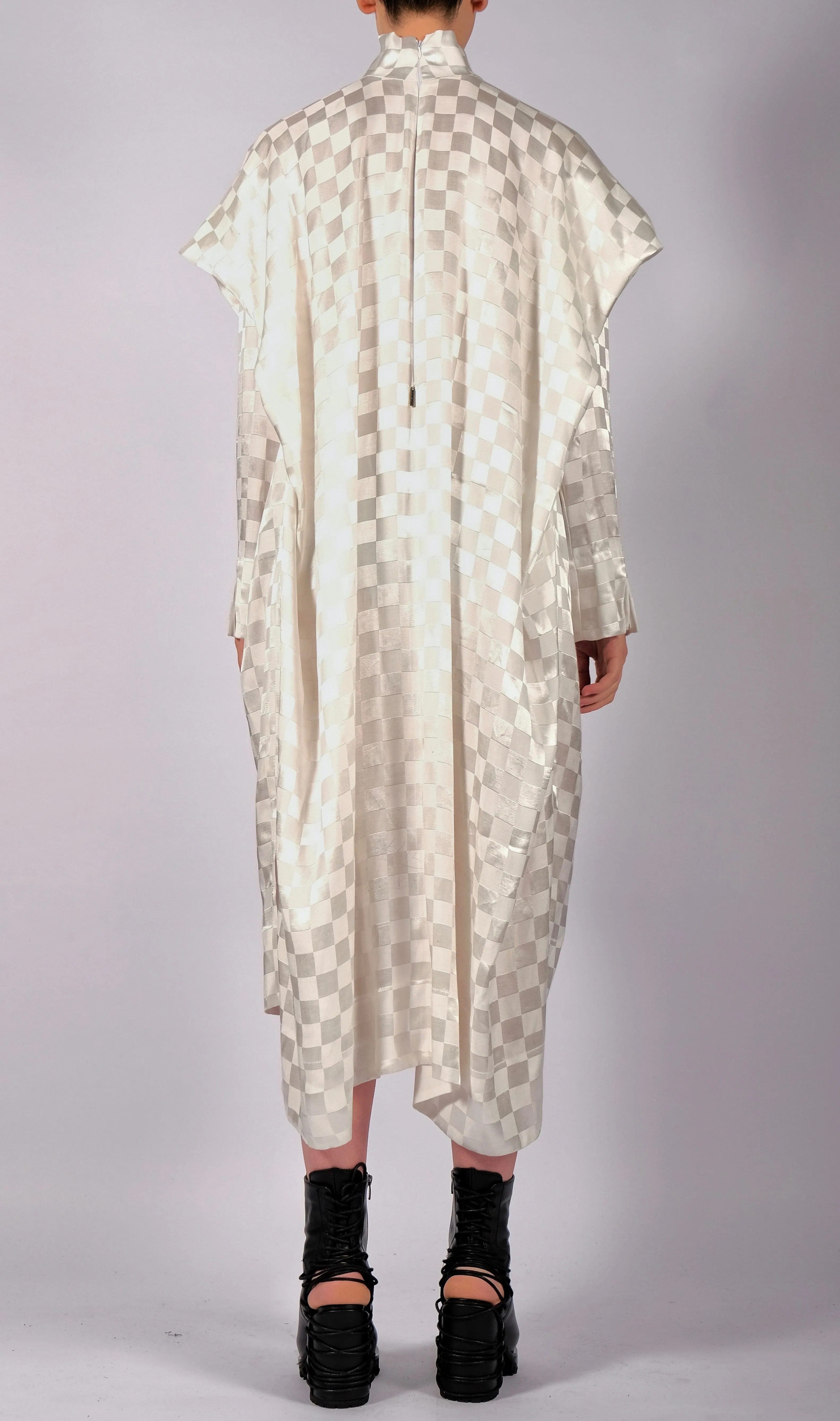 White Checkered Dress with Sleeves
