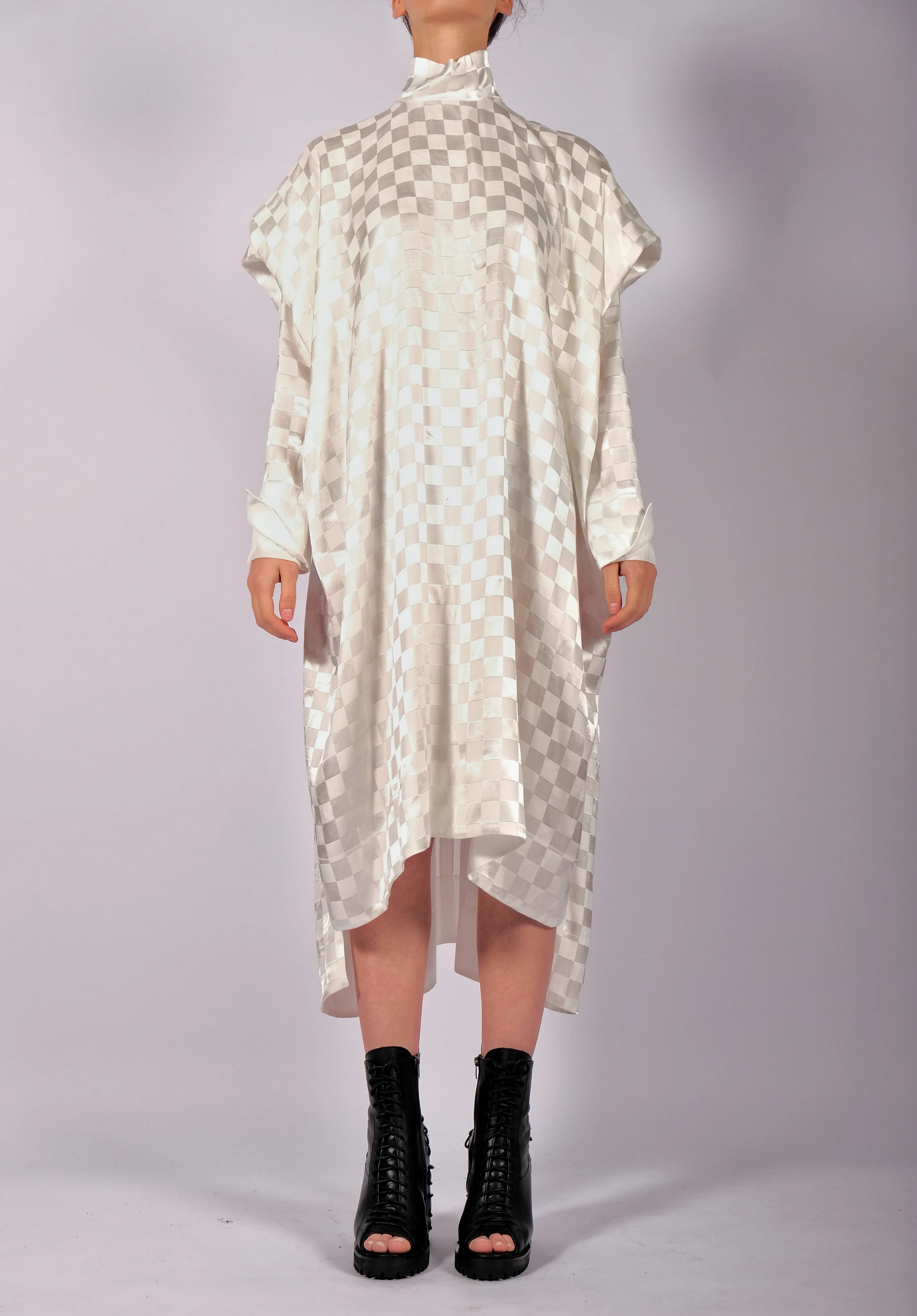 White Checkered Dress with Sleeves