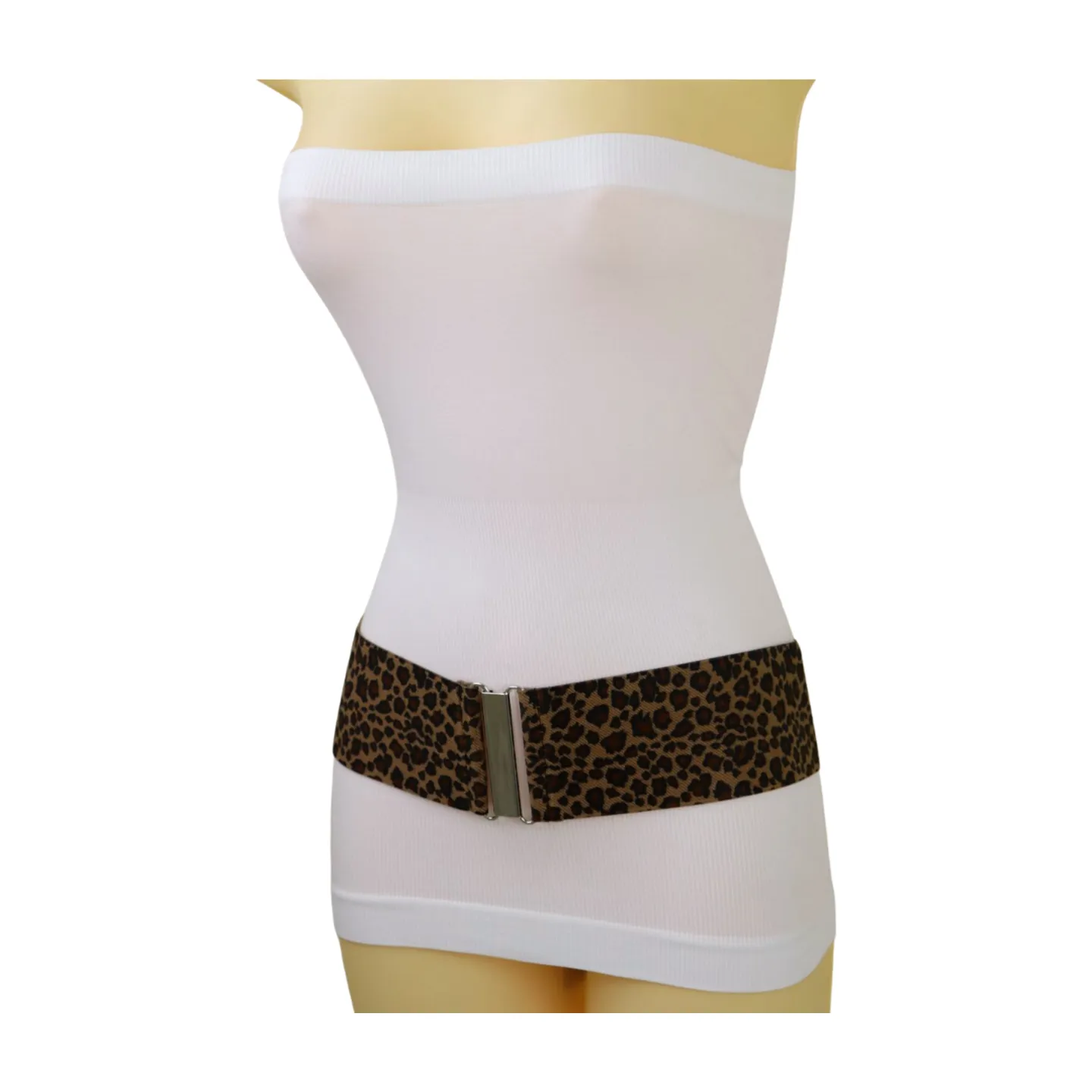Women Elastic Brown Leopard Animal Print Belt Silver Buckle S M