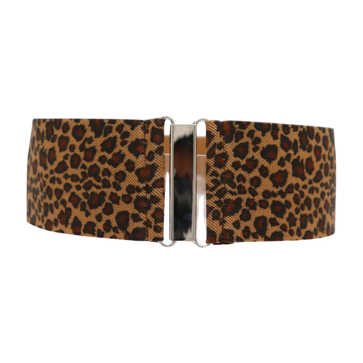 Women Elastic Brown Leopard Animal Print Belt Silver Buckle S M