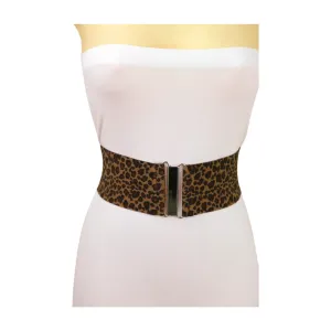 Women Elastic Brown Leopard Animal Print Belt Silver Buckle S M
