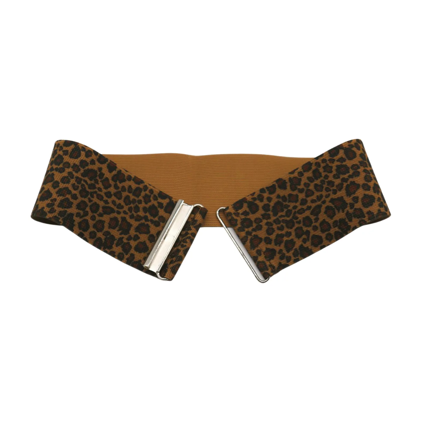 Women Elastic Brown Leopard Animal Print Belt Silver Buckle S M