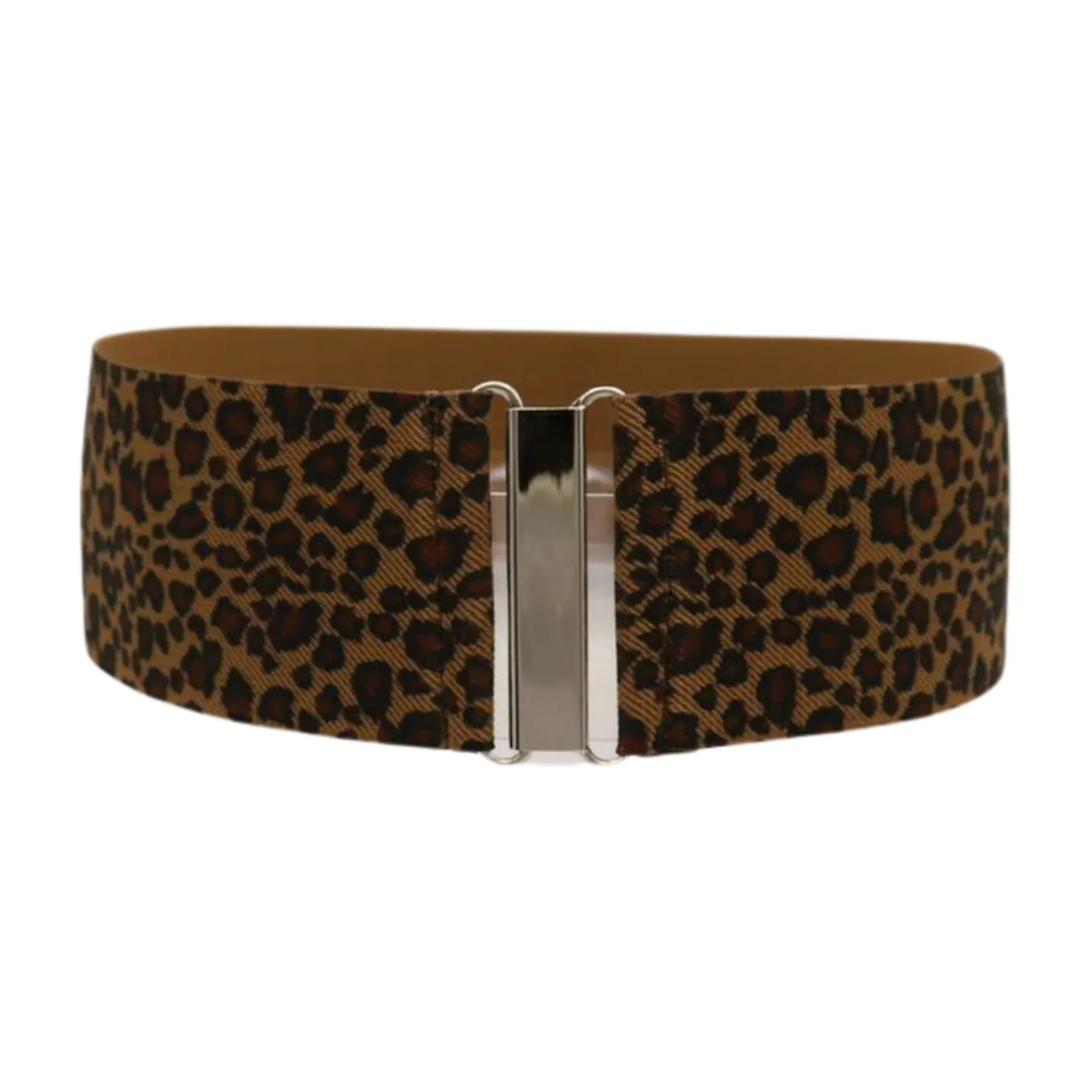 Women Elastic Brown Leopard Animal Print Belt Silver Buckle S M