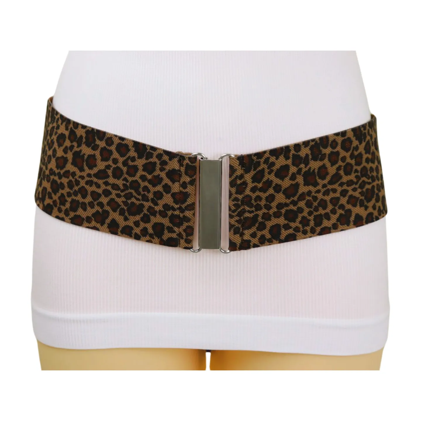 Women Elastic Brown Leopard Animal Print Belt Silver Buckle S M