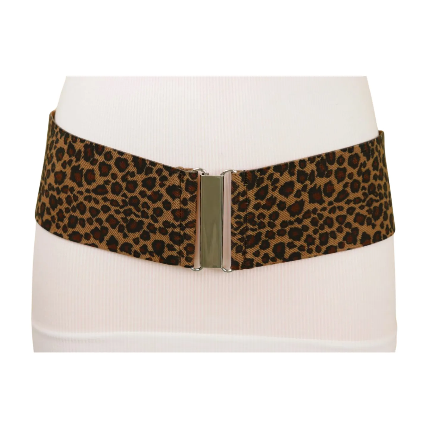 Women Elastic Brown Leopard Animal Print Belt Silver Buckle S M