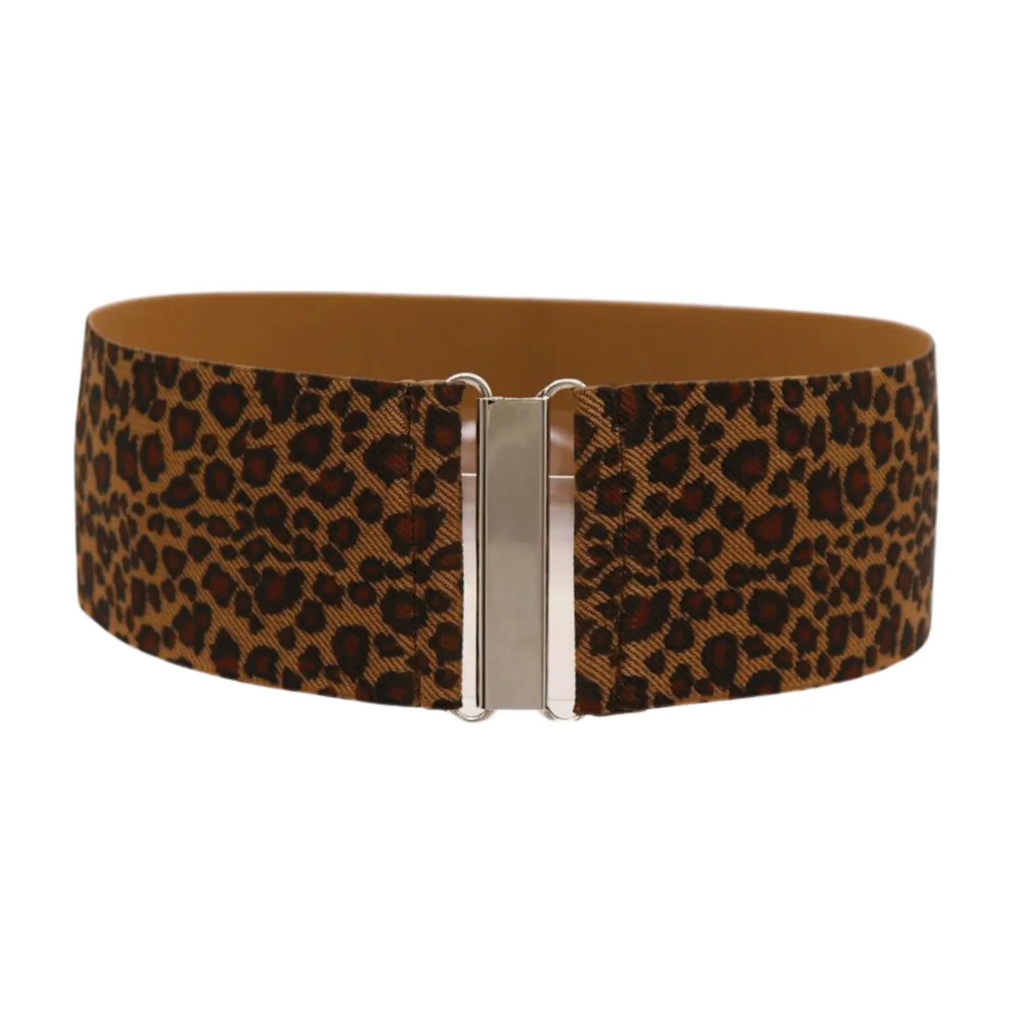 Women Elastic Brown Leopard Animal Print Belt Silver Buckle S M