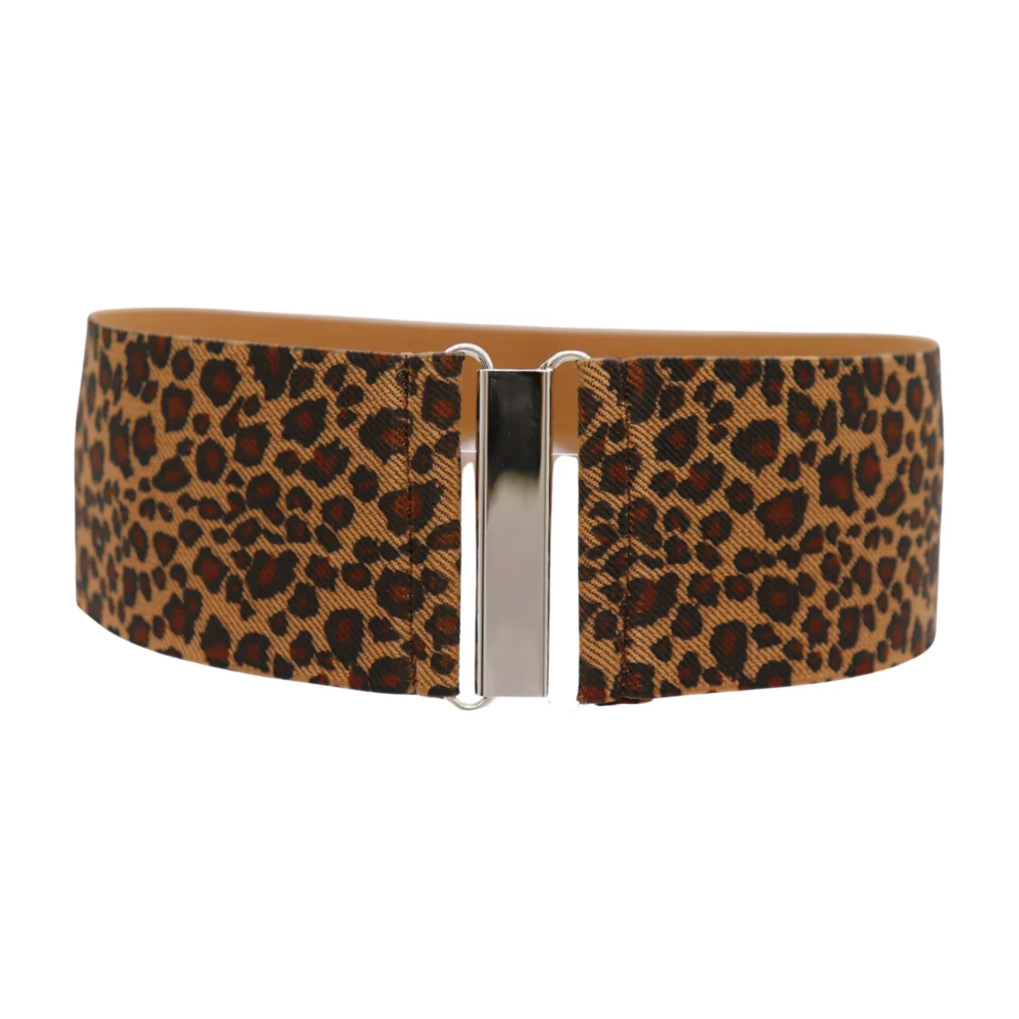 Women Elastic Brown Leopard Animal Print Belt Silver Buckle S M