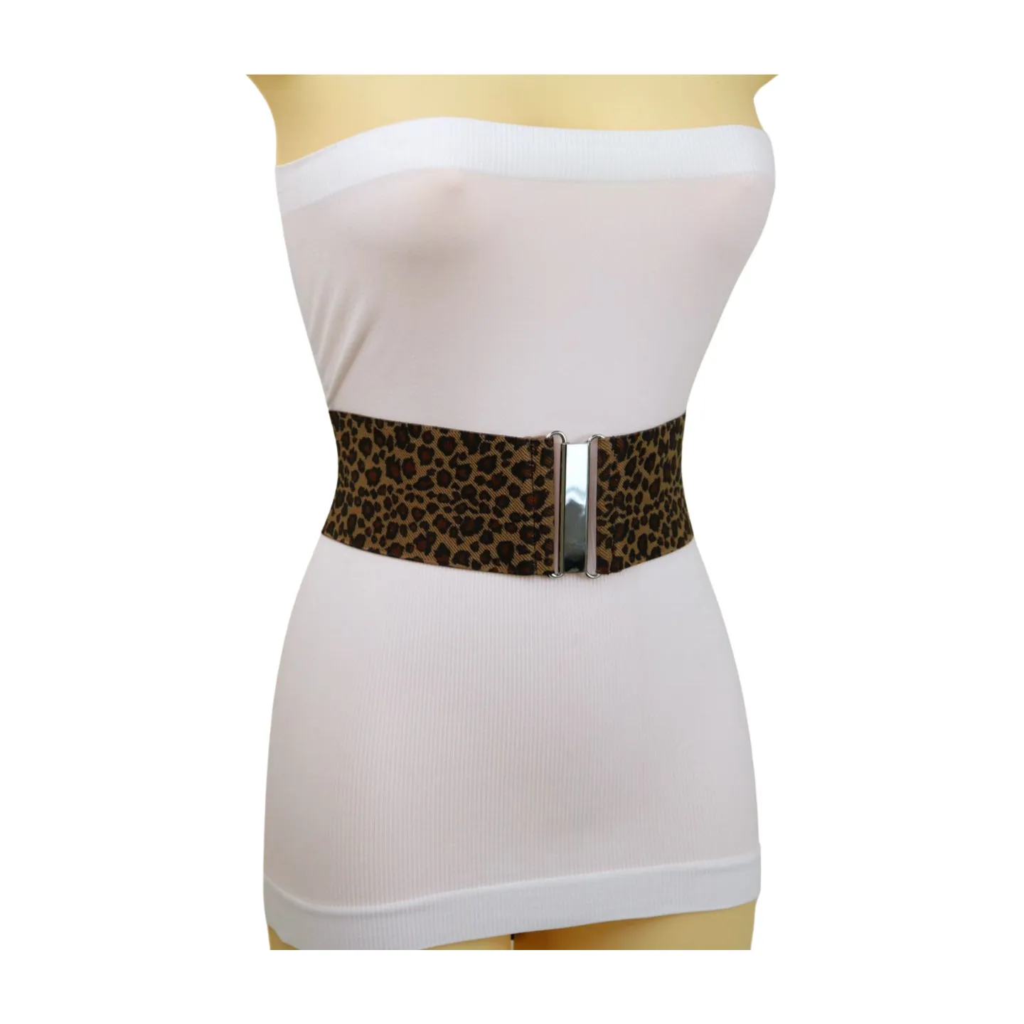 Women Elastic Brown Leopard Animal Print Belt Silver Buckle S M