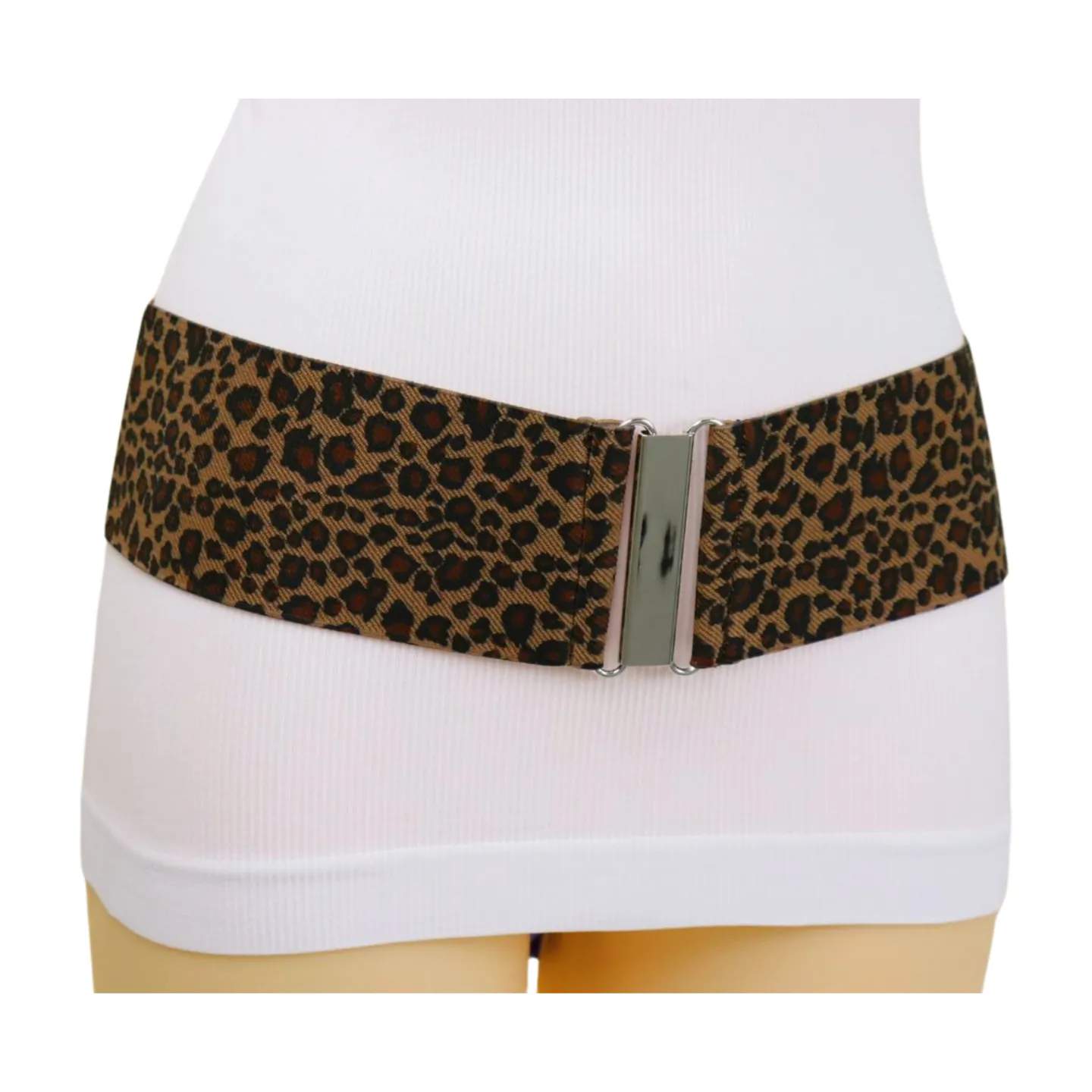 Women Elastic Brown Leopard Animal Print Belt Silver Buckle S M