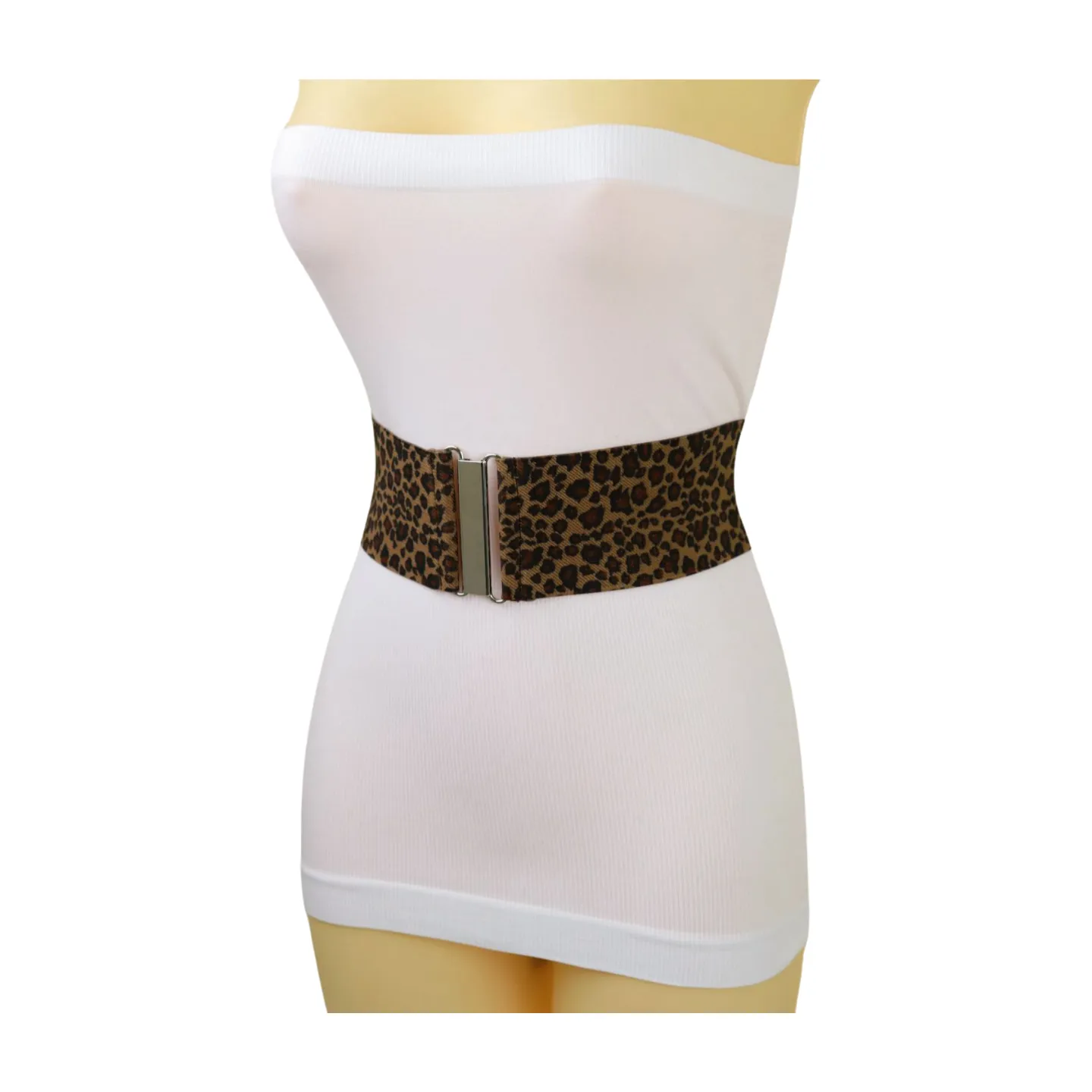 Women Elastic Brown Leopard Animal Print Belt Silver Buckle S M