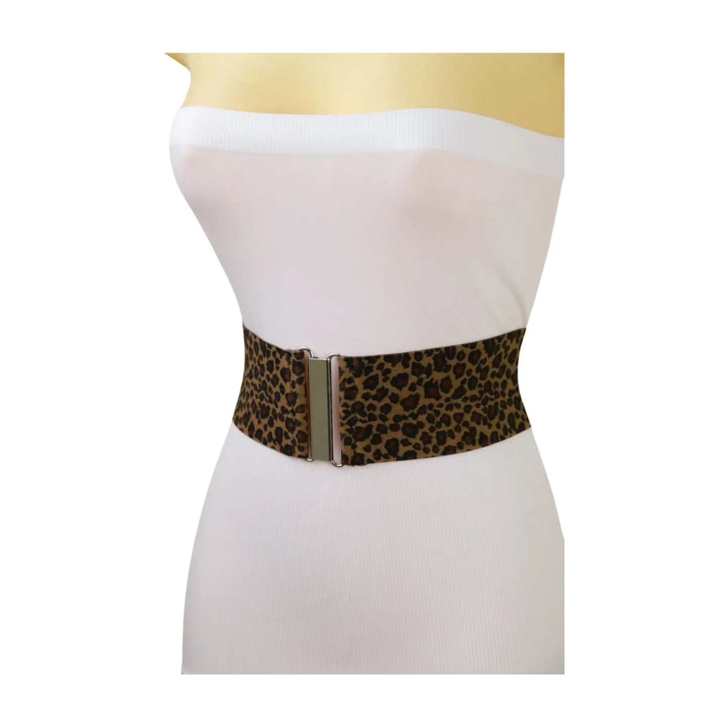 Women Elastic Brown Leopard Animal Print Belt Silver Buckle S M