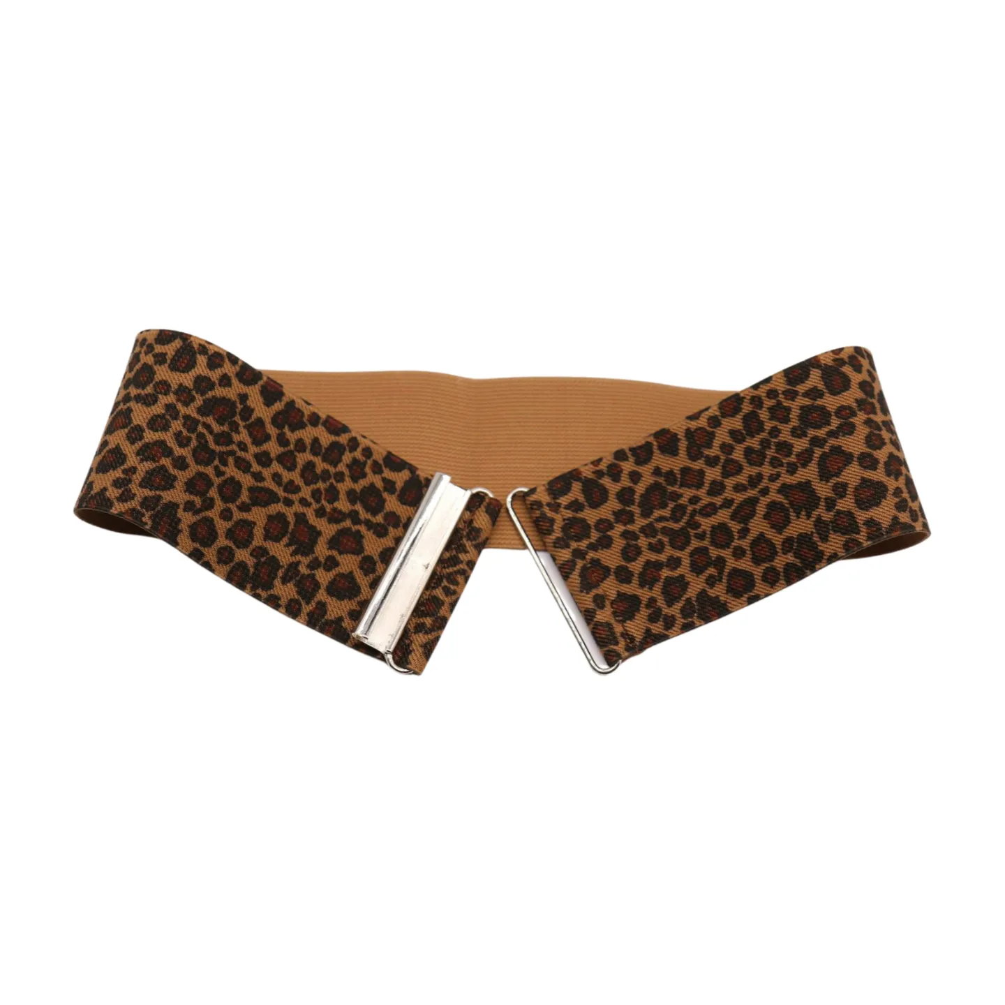 Women Elastic Brown Leopard Animal Print Belt Silver Buckle S M