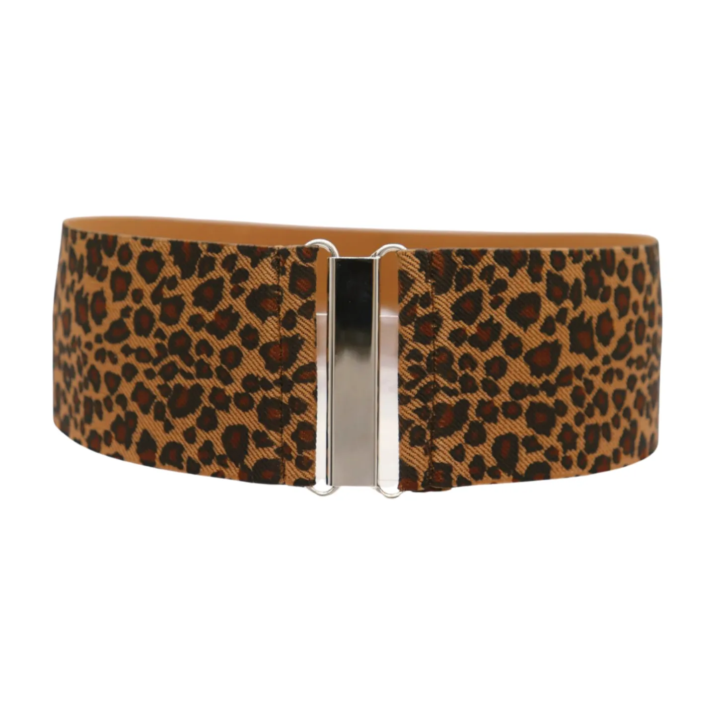 Women Elastic Brown Leopard Animal Print Belt Silver Buckle S M