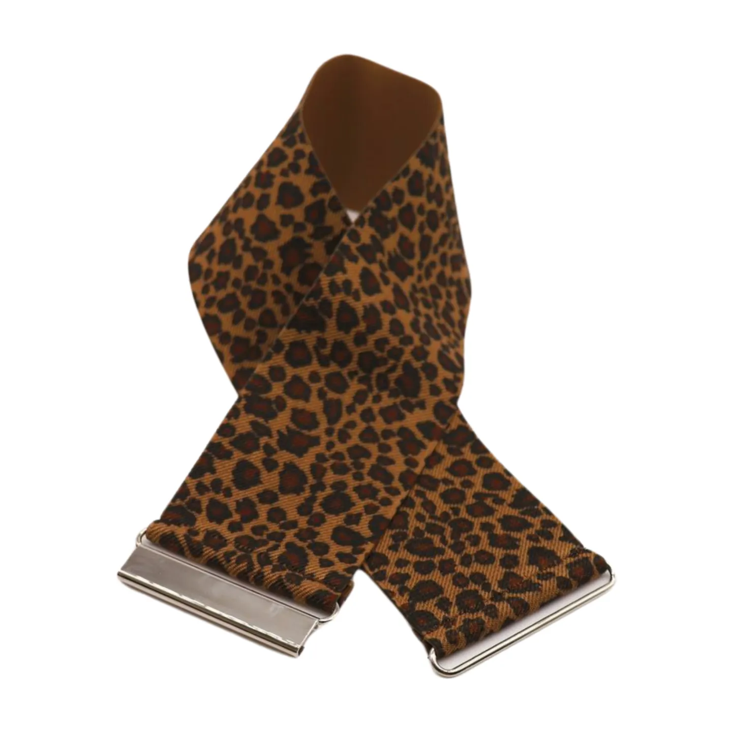 Women Elastic Brown Leopard Animal Print Belt Silver Buckle S M
