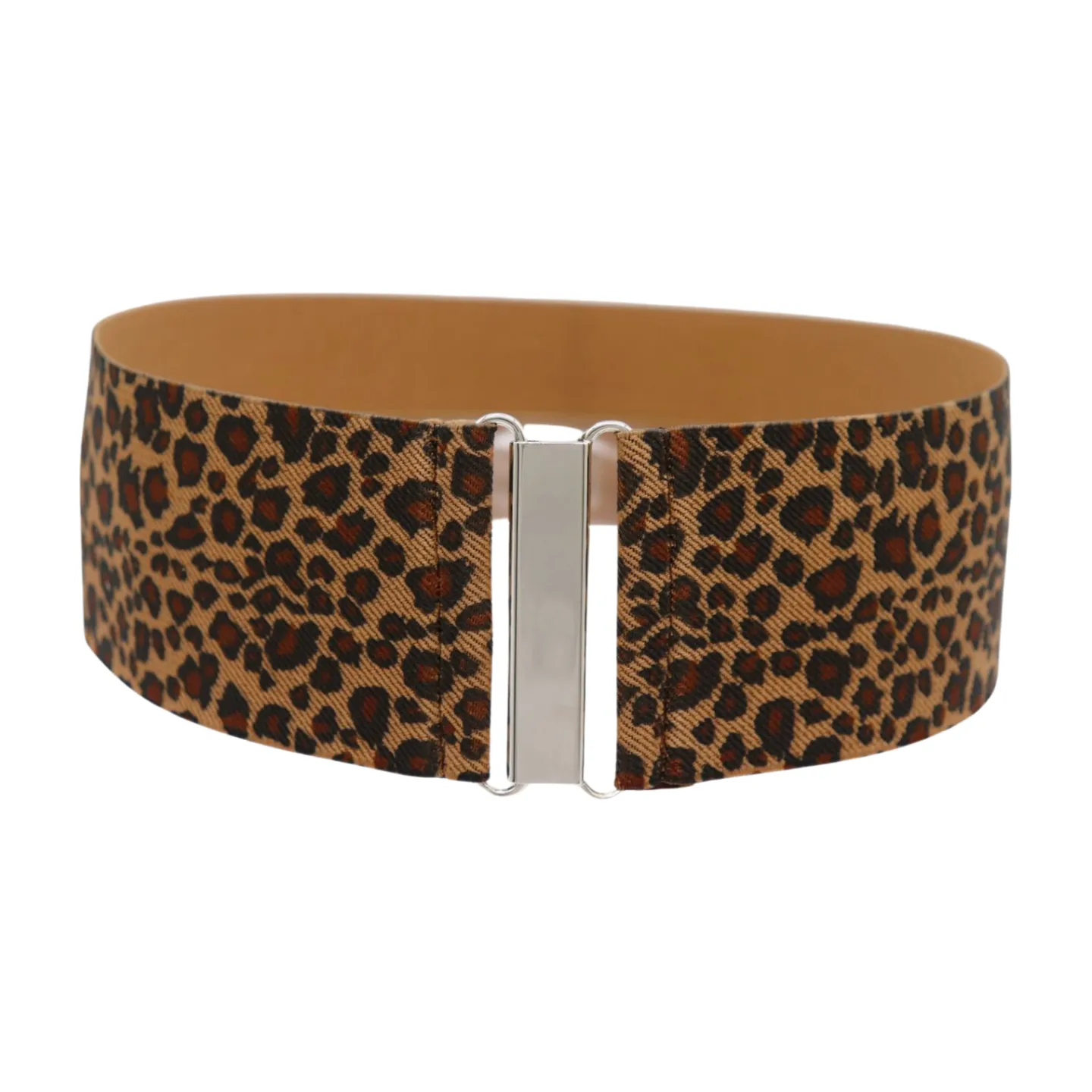 Women Elastic Brown Leopard Animal Print Belt Silver Buckle S M