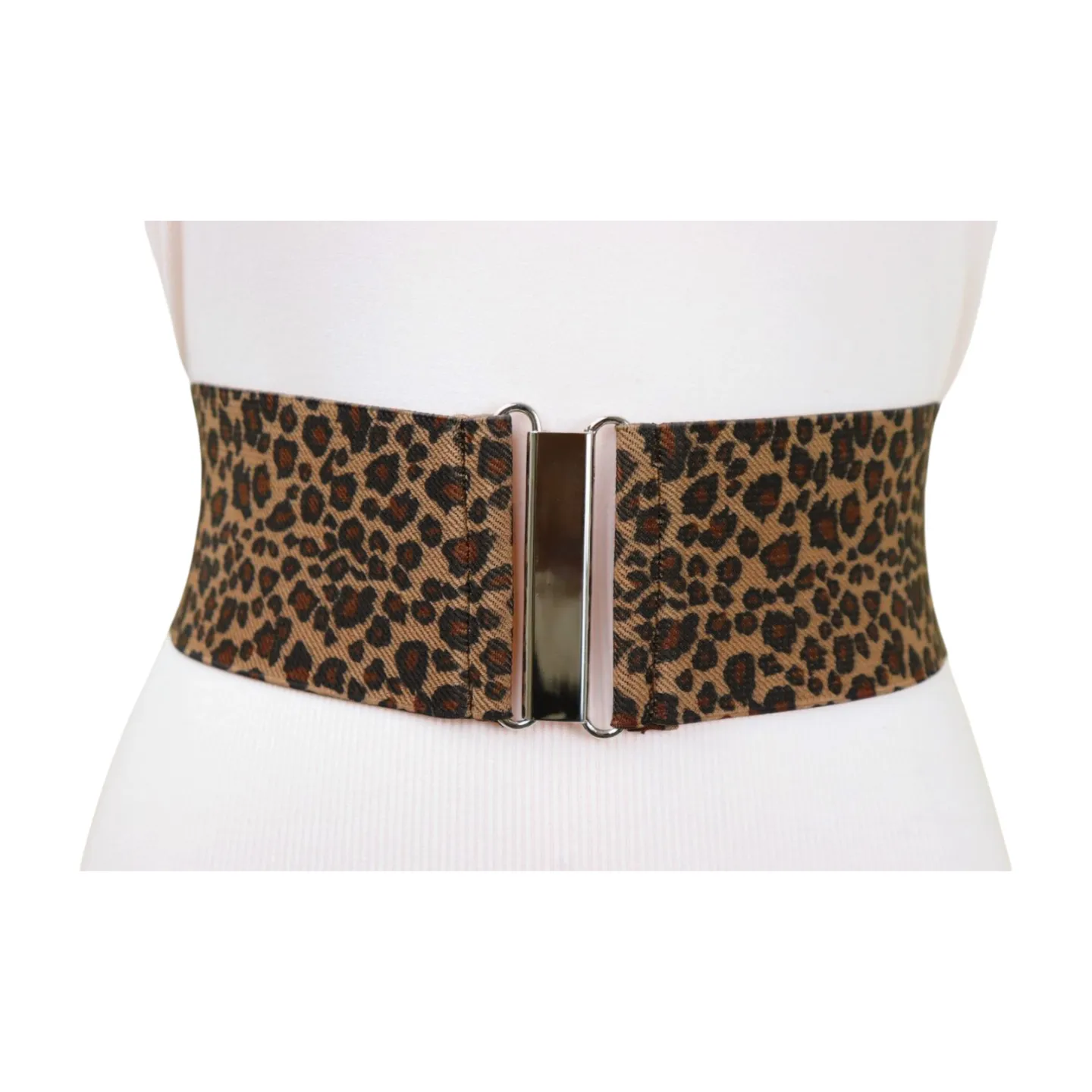 Women Elastic Brown Leopard Animal Print Belt Silver Buckle S M