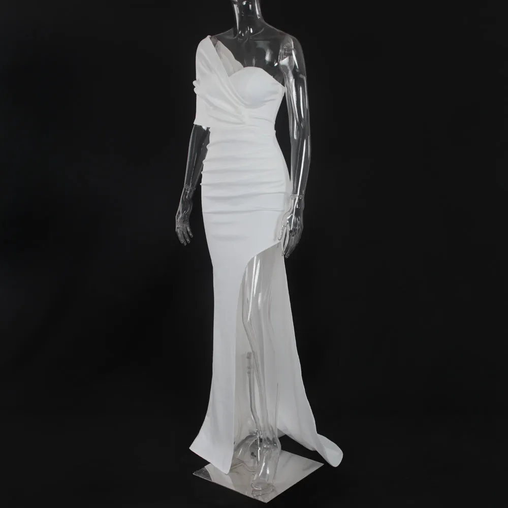 Women Stretch Satin One Shoulder Ruched Maxi Dress