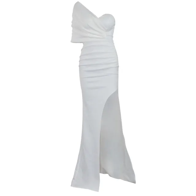 Women Stretch Satin One Shoulder Ruched Maxi Dress