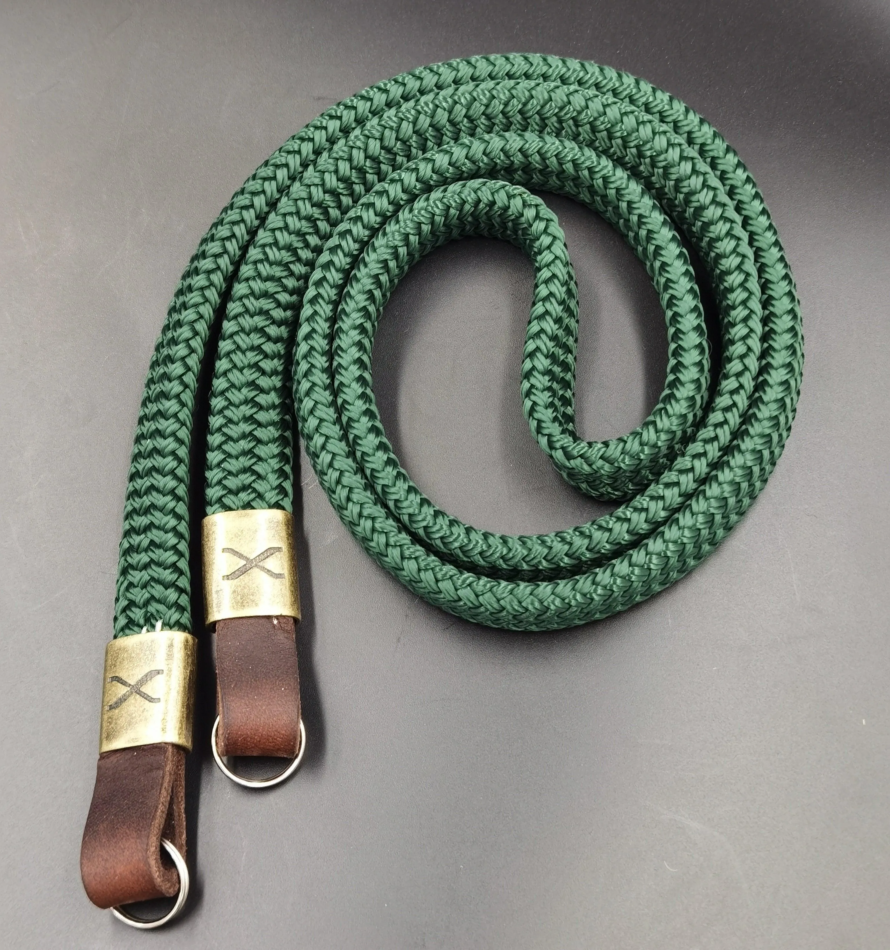 X  Forest Green Flat Rope -Dark Brown Leather Camera Strap - Bronze X