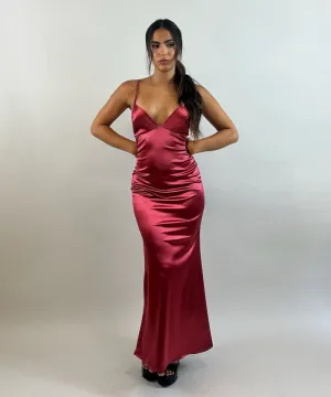 Yuli - Red V-Neck Satin Evening Dress